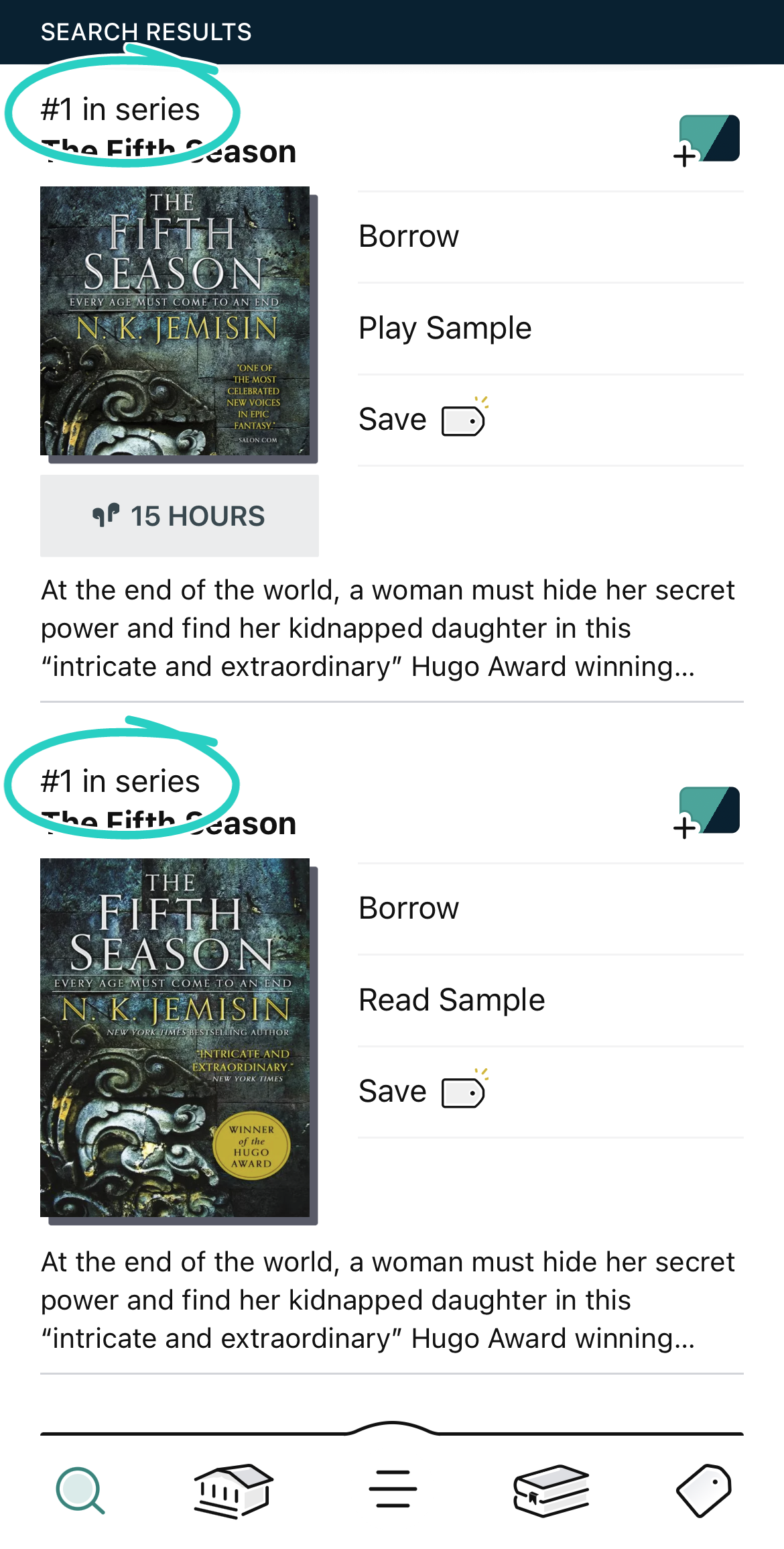 範例： NK Jemisin 的作品《第五季》顯示，該書在清單的系列叢書中排名第 1。